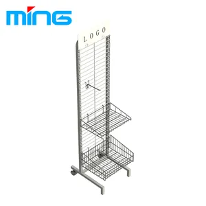 Satu Sisi Pameran Display Stand Gantung Hook Wire Mesh Grid Rak Dinding Rak dengan Keranjang