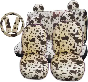 11 Pieces Tan Brown Cow Print Low Back Front Car Seat and Rear Bench Cover with Head Rest Cover Set