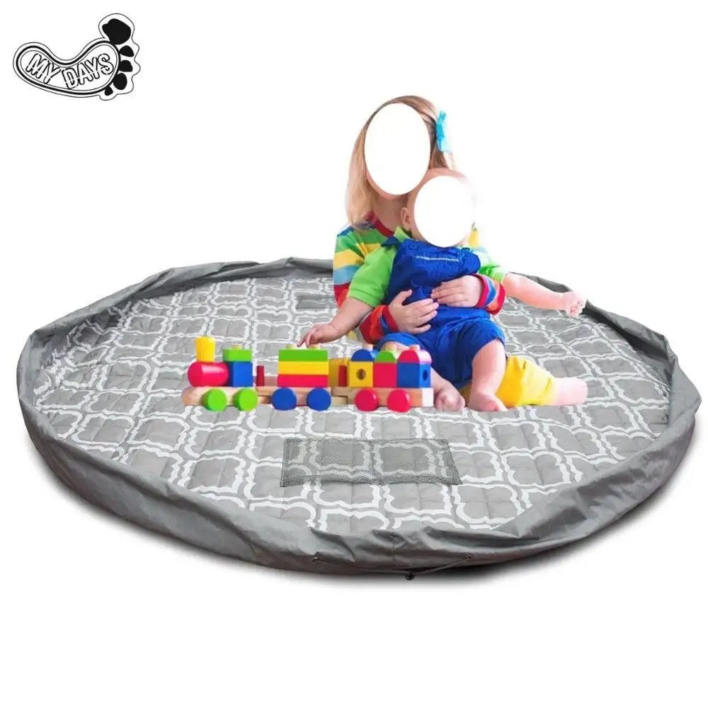 Sac de rangement de jouets, tapis de jeu matelassé de couleur grise pour enfants avec cordon de serrage pour usage intérieur et extérieur