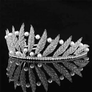 Di alta qualità di perle e di strass corona di cerimonia nuziale dei capelli del cerchio a forma di foglia di fascino tiara da sposa