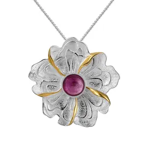 Venta al por mayor hecho a mano Natural turmalina 925 joyería de plata peonía flor colgante para las mujeres mejores regalos de navidad