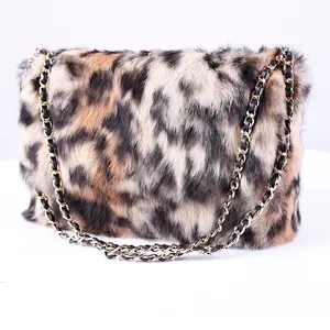 Fashion Designer Charm Luxury Leopard Pattern Print Real Rabbit Fur Women Fur Bag