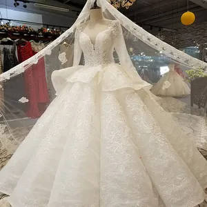 LS14454 Bất Chất Lượng Cao Ren Bóng Gown Wedding Dress Mua Trực Tuyến Dài Tay Áo Dài Đuôi Mạng Che Mặt Wedding Dresses