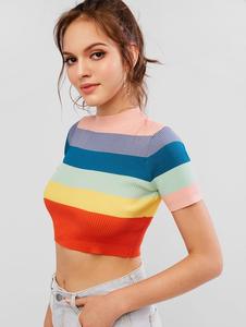 Hot Selling Custom Top Quality Cotton Short Sleeve Fitted <strong>Rainbow</strong> Stripes Crop Top <strong>T</strong> <strong>Shirts</strong> Women - Product Image 3