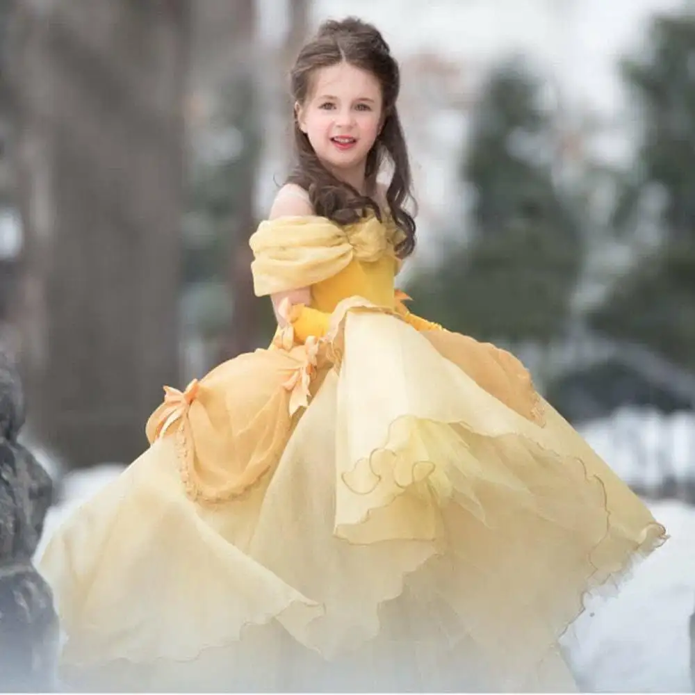 Оптовая продажа, Королевский золотистый костюм Belle для косплея, Рождественская вечеринка, платье для девочки, костюм принцессы, наряд, перчатки для Хэллоуина