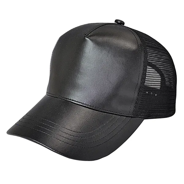 Luxury plain blank gorros Pu waterproof 5 panel curved brim black baseball cap half leather mesh trucker hat cap