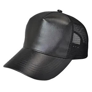豪华素面空白gorros Pu防水5面板弧形帽檐黑色棒球帽半皮革网状卡车司机帽子帽