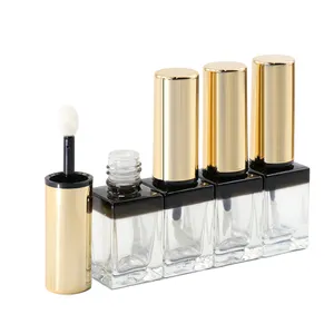 New Design empty clear square bottle black neck glass lip gloss tube container with gold round cap
