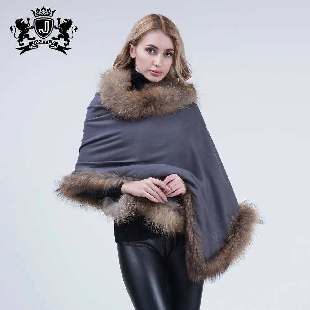 Europe autumn winter new wool cloak coat women real raccoon fur shawl ladies cashmere poncho
