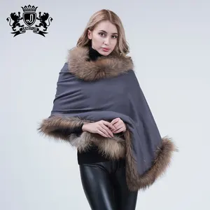 Europa autunno inverno nuovo cappotto di lana mantello delle donne di vera pelliccia di procione scialle delle signore del cachemire poncho