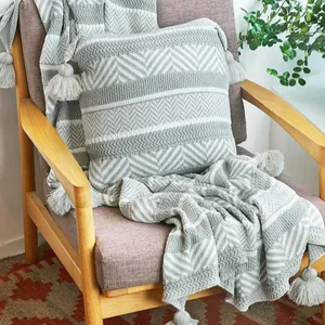 Bohemia Jacquard Knitted Blanket Sofa Pillow Blanket 100% Cotton Cable Knit Blanket White Cotton Fringed Throw for Sofas