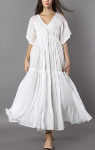 Coton Lin dos nu Décolleté En V Maxi Robe Dernière Nouvelle Conception Longue Blanc Décontracté Robes Midi Femmes Lâche Bohème Plaine Teint - Product Image 3