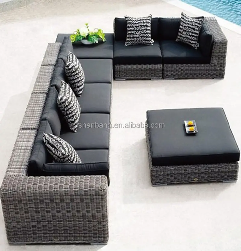 Conjunto de sofá secional 8 lugares, cinza, preto, moderno, para mochila, vime, rattan, pátio, sofá de canto