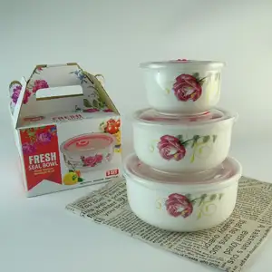 3 Stks/set Keramische Scherper Kom Porselein Verse Kom Keramische Slakom Microware Oven Veilig Met Plastic Deksels