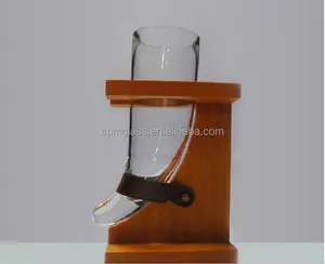 16 oz horn shaped glass viking drinking horn for beer with rustic wooden stand