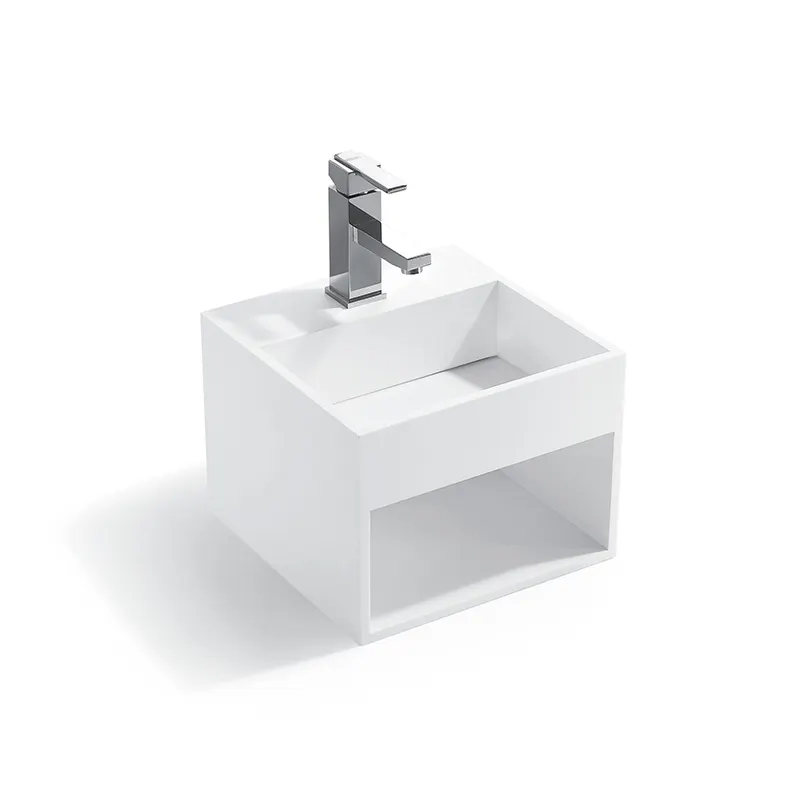 Small sizes Square shaped wall hung mount wash basin with cabinet solid surface acrylic resin marble stone bathroom sink