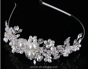 Vương Miện Cô Dâu Mũ Cưới Đầu Ngọc Trai Dây Đeo HA-440 Cao Cấp Rhinestone Handmade Thủy Tinh Hàn Quốc Trắng Tinh Khiết Vương Miện Cô Dâu