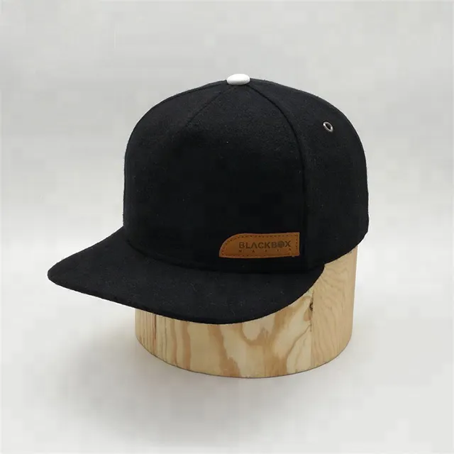 Meidiney Custom Black 5 Pannello di 100% In Pelle di Lana di Patch Logo Snapback Caps Cappello