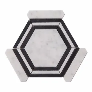 Black And White Hexagon Pattern Water Jet Marble Mosaic Non-slip Bathroom Floor Tiles Design