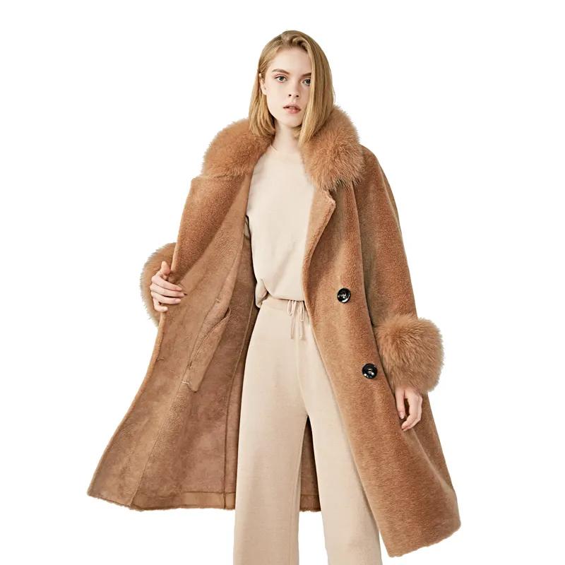 2019 Vrouwen Dames Double-Breasted Teddybeer Jas Met Echte Vos Bont Trim Lam Custom Schapen Shearling Echt Bont teddy Jas Vrouwen