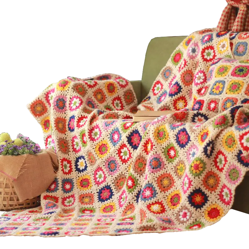 Hot Sale King Size Warm Handmade Knitted Granny Square Flower Pattern Crochet Adult Blanket For Bed