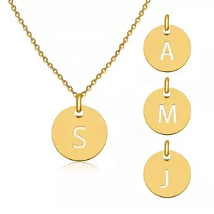 Stainless Steel Disc Round Necklace Gold Letter Initial Engraved Coin Chain Necklaces