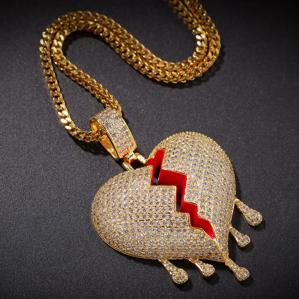 3D Stereoscopic big broken heart water drop gold silver red mix color hip hop pendant Sad Style love pendant hip hop necklace