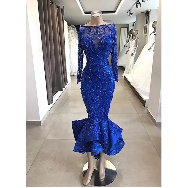 두바이 로얄 블루 짧은 실제 사진 긴 소매 이브닝 드레스