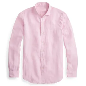 2019热卖男士粉红色长袖经典版型衬衫亚麻男人