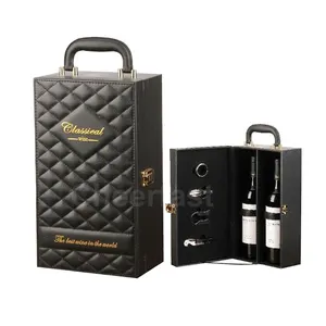 High Grade Leatherette Top Handle Wine Double Bottle Gift Box And 4pcs Accessories Kit Pu Leather 2 Bottle Wine Display Box