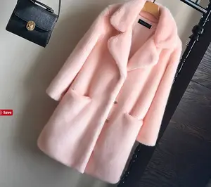 Mantel Panjang Bulu Mink Faux Kerah Lapel Besar Berbulu Merah Muda Gaya Baru untuk Wanita Pink Abu-abu Putih