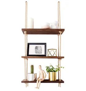 Wood Hanging Shelf Wall Swing Storage Shelves Jute Rope Organizer Rack 3 Tier