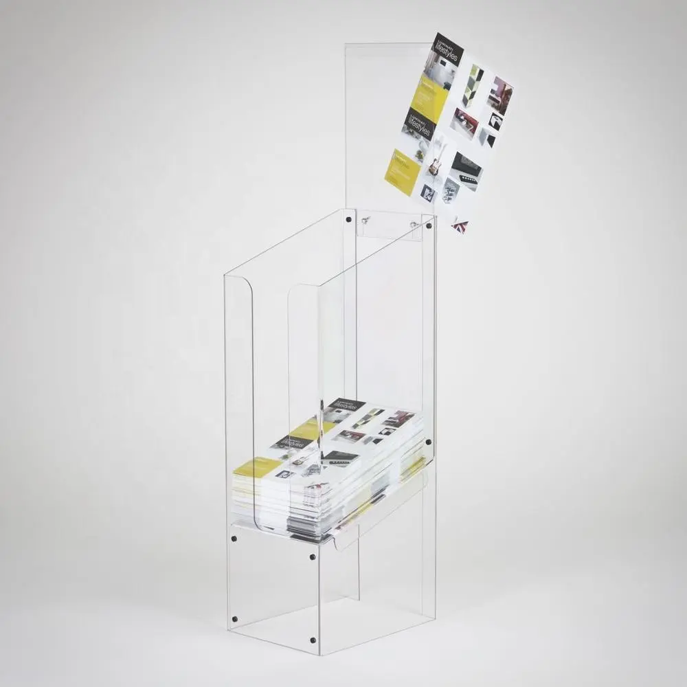 काउंटर शीर्ष मुक्त खड़े स्पष्ट Plexiglass पत्रिका अखबार प्रदर्शन रैक एक्रिलिक A4 कागज डंप डिब्बे