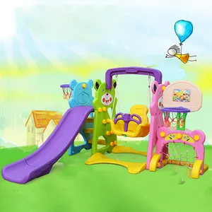 Grosir 6 1 swing slide-Kartun Beruang Bayi Dalam Ruangan Plastik Balita Slide dan Ayunan Mainan untuk Anak-anak dengan Ring Basket Indoor