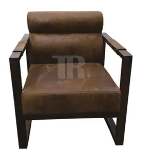 Chic industriel cadre en fer robuste chaud en cuir marron vague dossier canapé chaise avec bras