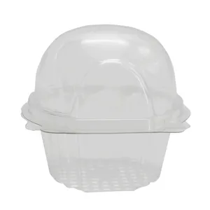 Venta al por mayor pequeño solo Cupcake contenedor de plástico de concha transparente caja redonda de plástico para cupcakes con tapa de cúpula