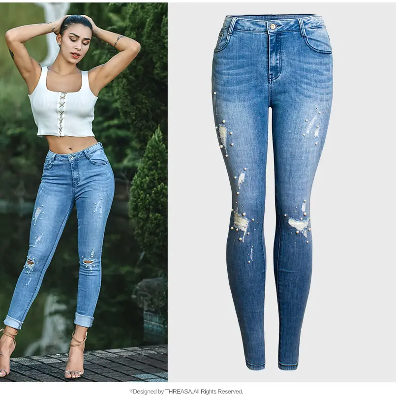Pantalon en jean déchiré taille haute pour femme, européen et américain, coupe crayon, perles et strass, nouvelle collection 2018