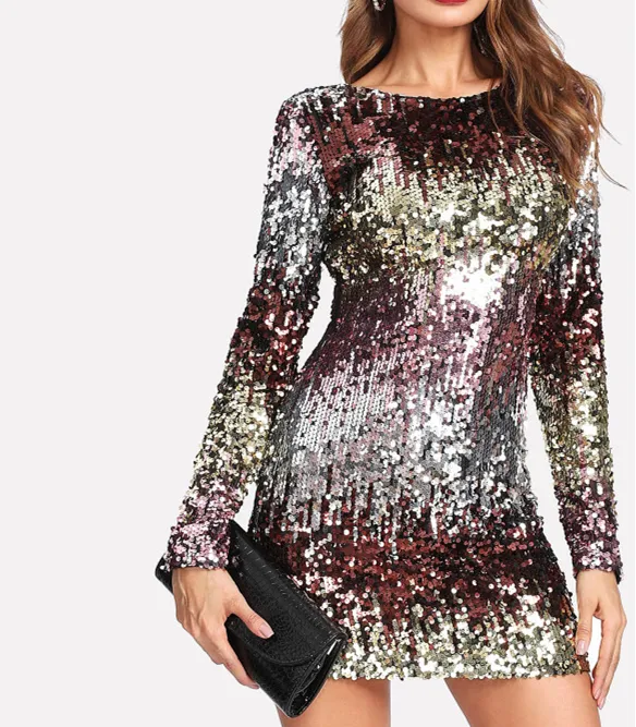 Fall Long Sleeve V neck Sequin woman mini dress