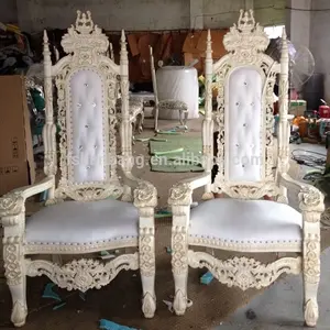 Luxury Reception Carved Wooden Leather Fabric King Queen Throne Indian Wedding Mandap Chair