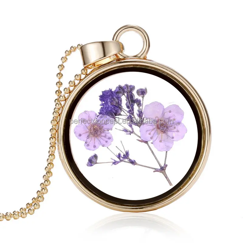 2019 New Design Charm Golden Round Purple Dry Flower Crystal Locket Pendant Necklace