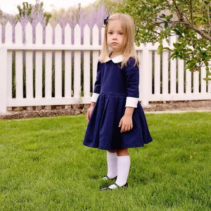 小女孩彼得潘衣领连衣裙女婴四分之三袖连衣裙女生回学校连衣裙