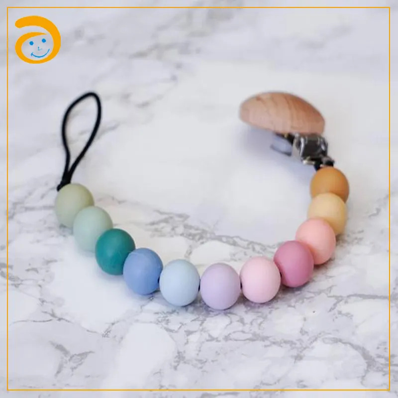 Rainbow wooden beech clip silicone beads pacifier clip holder