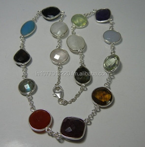 Multi Gemstone Bezel Set Connector Sterling Silver <b>Beaded</b> <b>Necklace</b> for Wedding Gift - Product Image 3