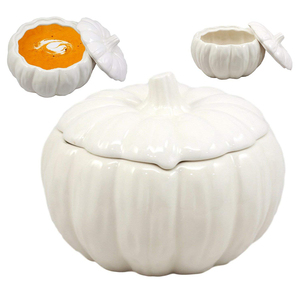 Bol en céramique blanche en grès avec couvercle, motif citrouille de la récolte - Product Image 1