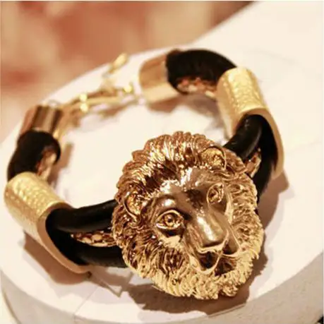 fashion gold lion head bracelet leather lion bracelet jewelry