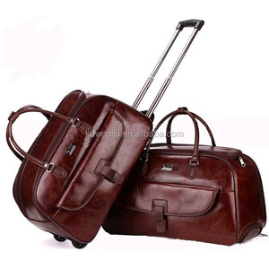 Brown Leather Hand <strong>Luggage</strong> <strong>Holdall</strong> Wheeled Trolley Weekend Bag - Product Image 5