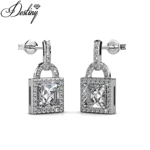 Sterling Silver 925 Premium Austrian Crystal Jewelry Vintage Style Pad Lock Dangle Drop Earrings Destiny Jewellery