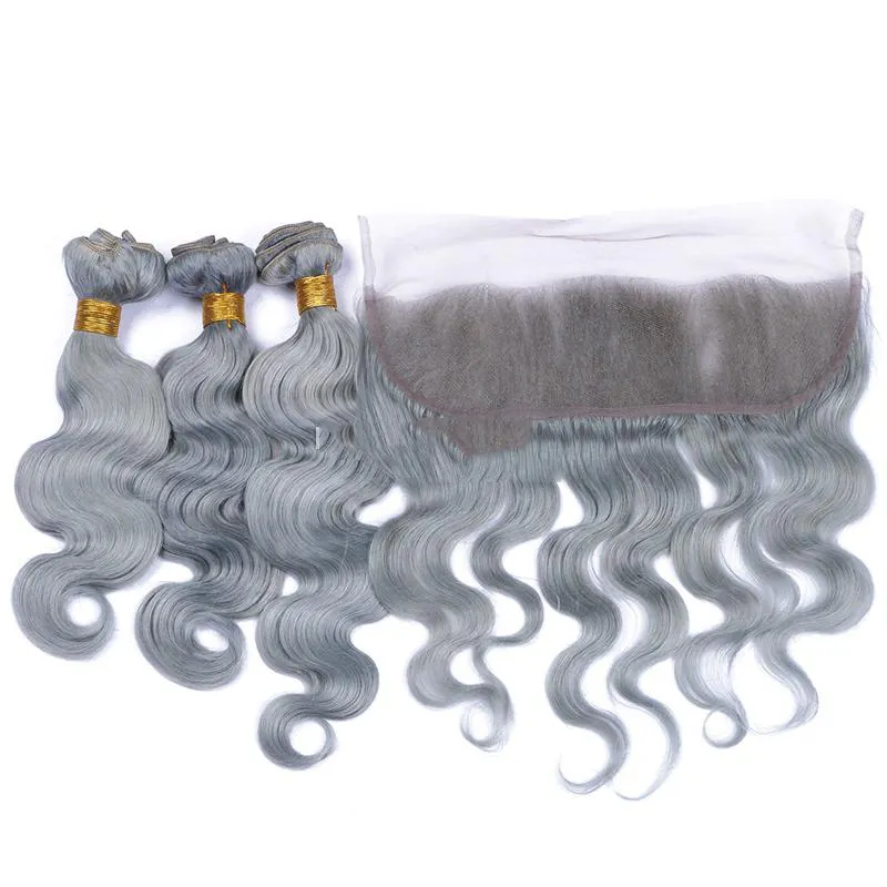 Top selling grey european virgin remy hair extensions 100 gram body wave slivery gray human hair weaving with lace closure