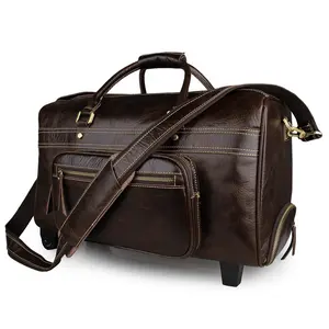 Brown Genuine Leather 여행 백 Men 가죽 트롤리 짐 Bags 와 바퀴