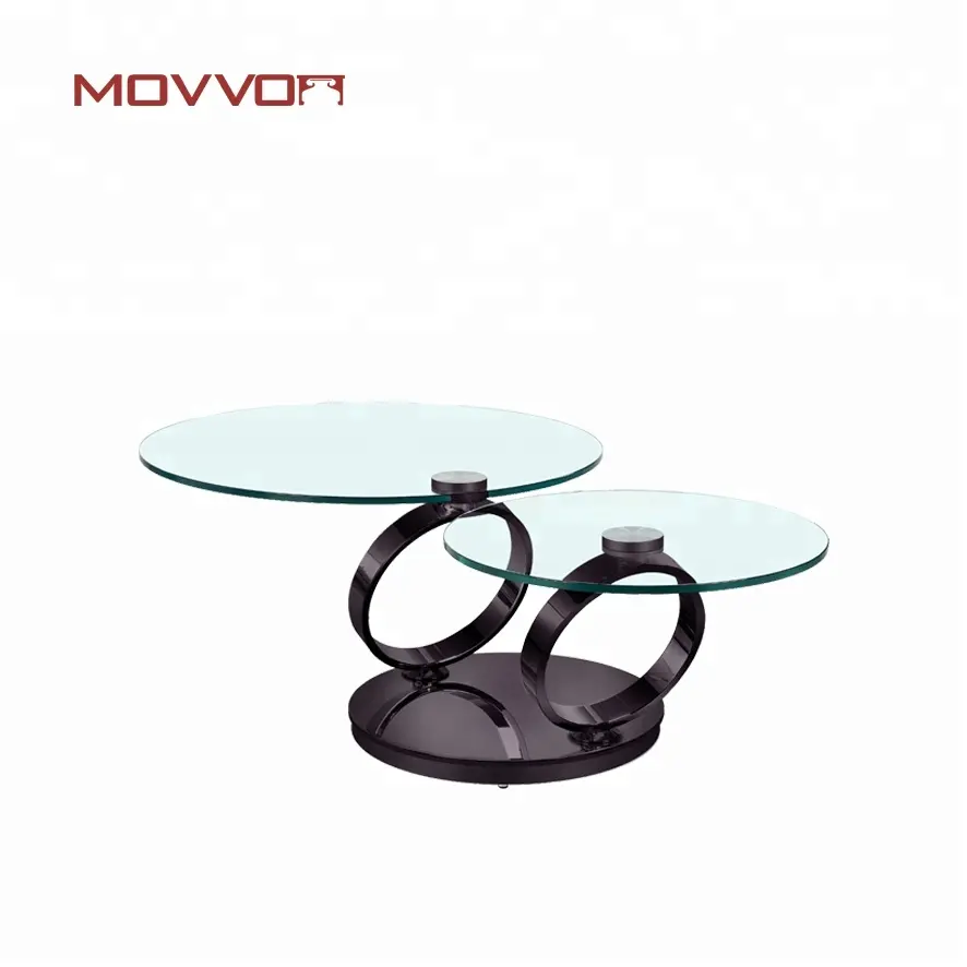 Mesa de centro redonda de vidrio templado, base de anillo de níquel negro para sala de estar, muebles para el hogar